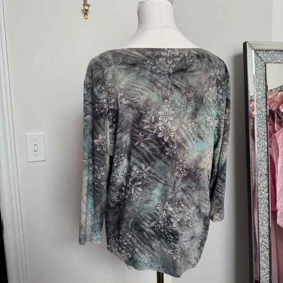 Vintage Floral turquoise glitter top Fairycore whimsy renaissance dreamy L - Picture 7 of 8